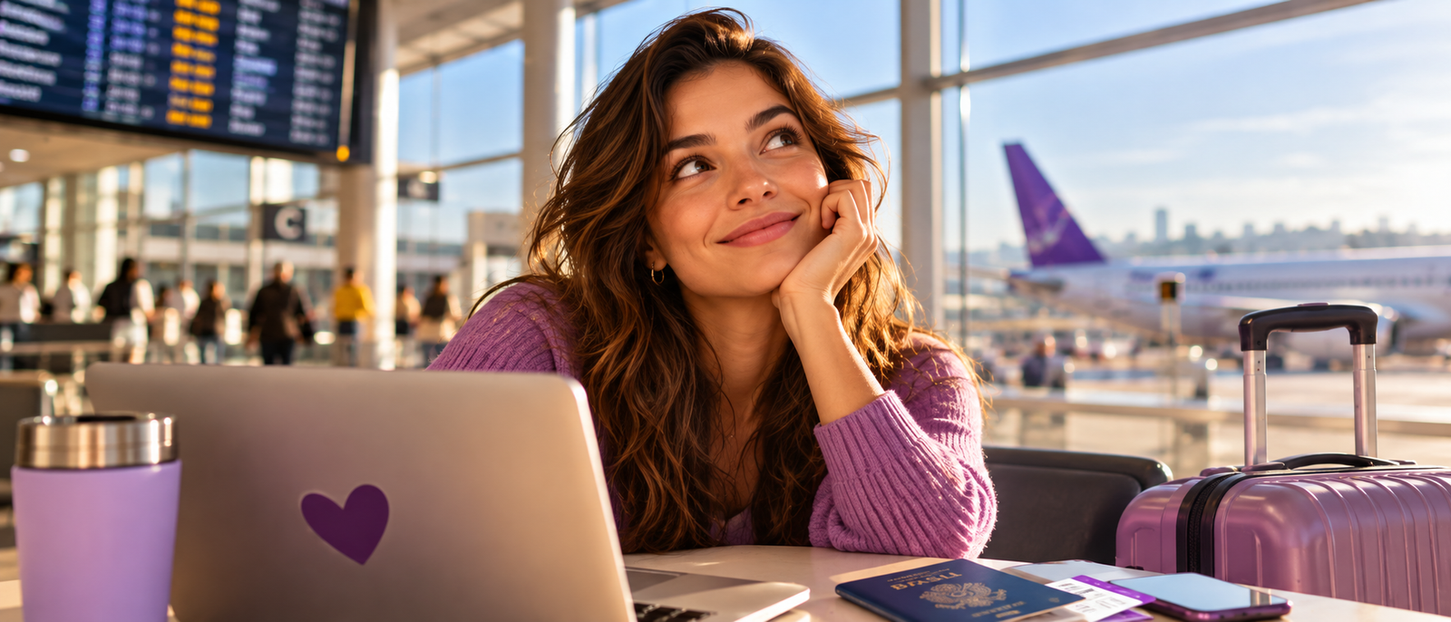 Mulher pesquisando passagem aérea no aeroporto